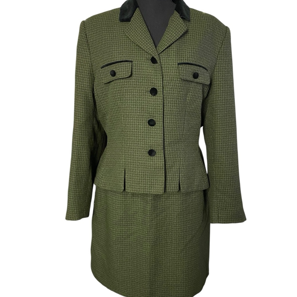 Vintage Le Suit Green & Black Houndstooth With Velvet Accents Skirt Suit Size 14